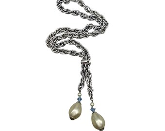 Chunky Sliding Bolo Lariat Necklace Twisted Rope Textured Silvertone Chain And Faux Pearl Drops