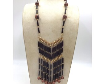 Unusual Fringe Necklace Plastic & Wood Handcrafted Statement Costume Jewelry
