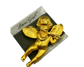 LAURA GOYLE Angel Pin Brooch And Pendant Angel With Flute Music Gold Tone Designer Jewelry