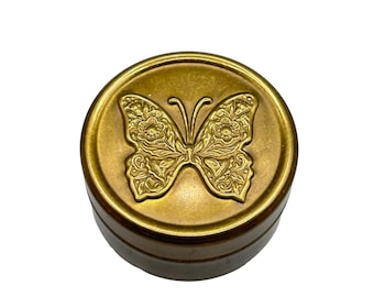 Butterfly Embossed Brass Box Small Cylindric Lidded Trinket Box Red Velvet
