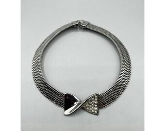 Vintage Bow Necklace Silver Tone Wide Collar Choker Necklace Rhinestones Accents
