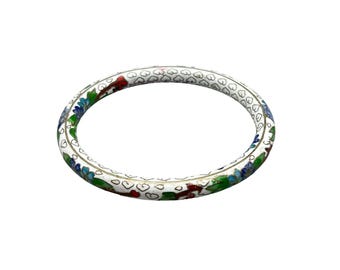 Vintage White Cloisonne Bangle Bracelet with Multicolor Floral Pattern