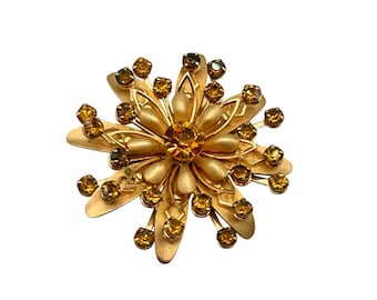 Rhinestones And Gold Tone Daisy Pin Brooch Vintage Topaz Glass Stones Layered Flower Pin