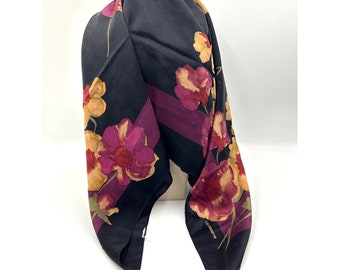 Liz Claiborne Designer Scarf Square Silk Black with Purple & Gold Flowers Design