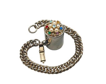Vintage Novelty Bracelet With Dime Bank Coin Holder Charm Gold Tone Rhinestones