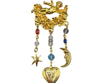 Celestial Angel Pin Brooch With Moon Stars Heart Locket Dangle Gold Tone And Crystals