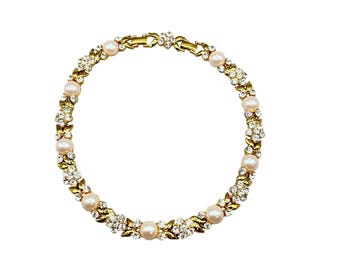 Vintage Choker Necklace Faux Pearls And Rhinestones Gold Tone Classic Design
