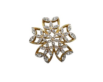 Genuine Signed Swarovski Swan Flower Brooch Gold Plated & Crystals Dainty Pin