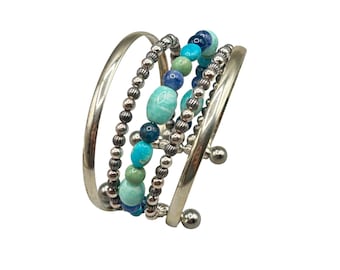 CAROLYN POLLACK Sterling Silver Turquoise Cuff Bracelet Water Garden Changing Seasons