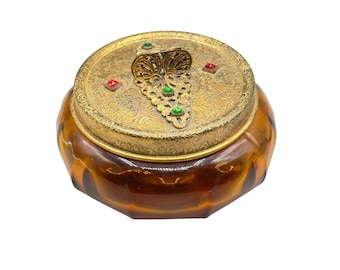 Antique 24k Gold Plated Large Amber Glass Powder Vanity Jar with Paste Stones