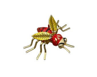Fly Bee Insect Bug Pin Brooch JJ Signed Enameled Figural Lapel Pin Red And Gold