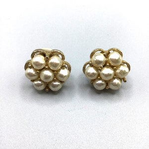 Vintage Faux Pearls Earrings Clip On Cluster Gold Tone Retro 70s Costume Jewelry