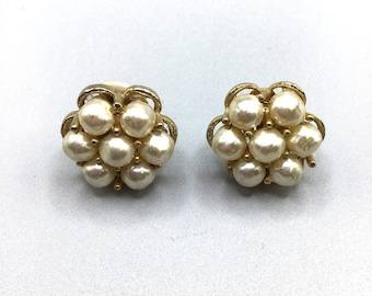 Vintage Faux Pearls Earrings Clip On Cluster Gold Tone Retro 70s Costume Jewelry