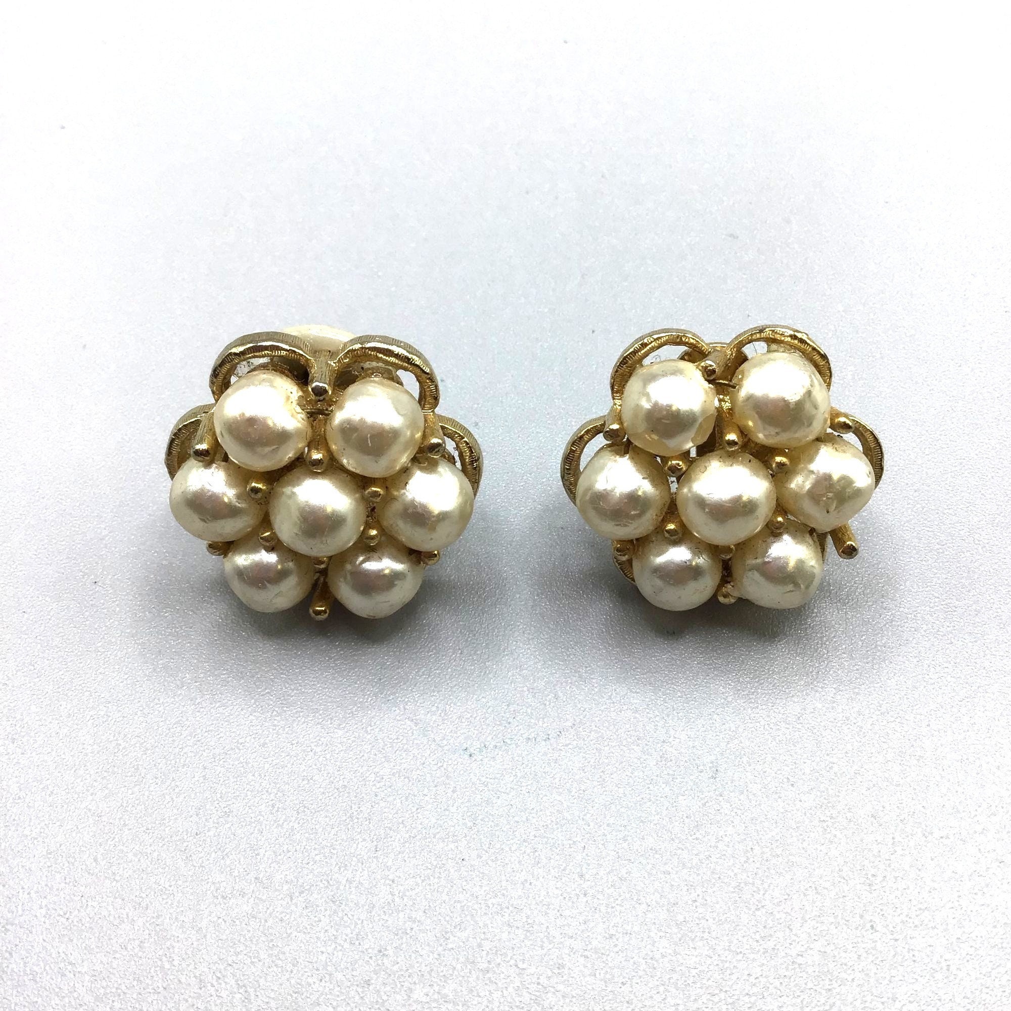Earrings 1950s Faux Pearl Cluster Clip Gold Filigree Caps Glass Bead S –  Antiques And Teacups