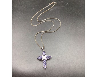 Sterling Silver Tanzanite Cross Necklace White Topaz Fancy Jeweled Purple Cross