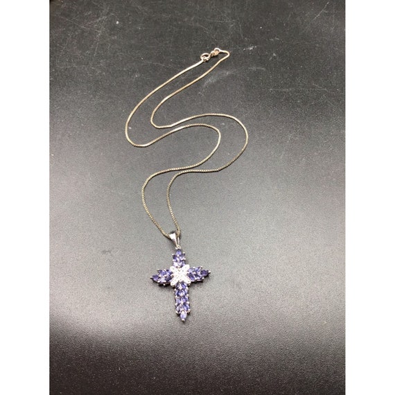 Sterling Silver Tanzanite Cross Necklace White To… - image 1