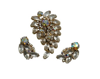 Vintage Rhinestones Brooch & Clip On Earrings Set Clear Stones AB Stones Finish