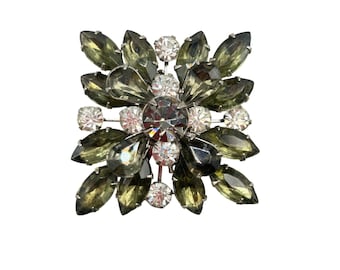 Vintage Olive Green Pin Brooch Layered Rhinestones Flower All Prong Set Stones