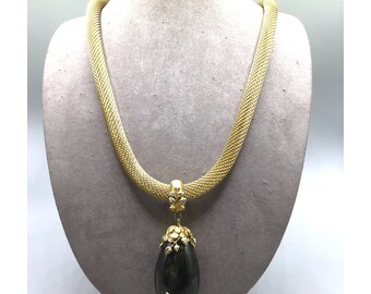 Vintage Bakelite Egg Necklace Dark Green Pendant Gold Tone Statement Mesh Chain