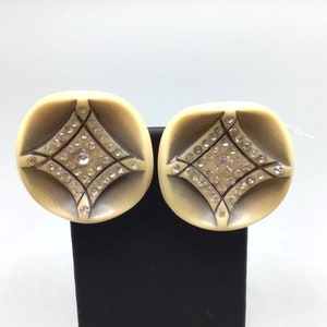 Vintage Art Deco Clip On Earrings Early Celluloid Plastic & Rhinestones Earrings