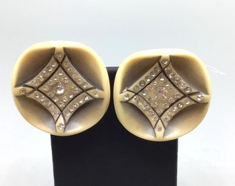 Vintage Art Deco Clip On Earrings Early Celluloid Plastic & Rhinestones Earrings