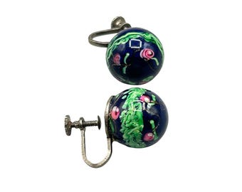 Vintage Murano Glass Art Glass Earrings Screw Back Round Blue Floral Glass Earrings