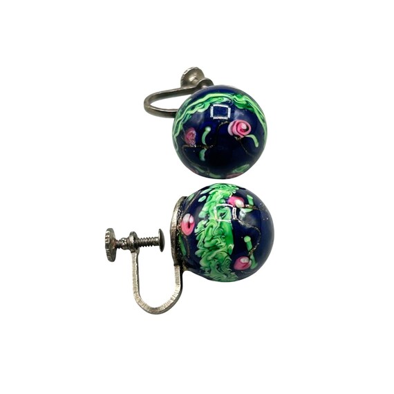 Vintage Murano Glass Earrings: Blue Floral Art Glass, Screw Back