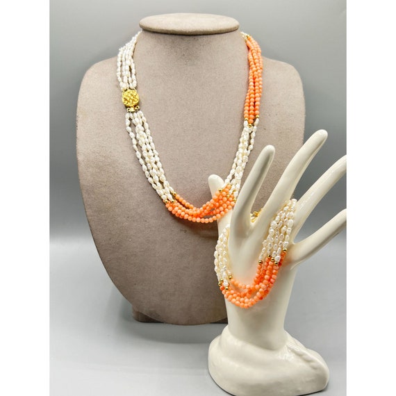 Vintage Coral and Rice Pearls Necklace & Bracelet… - image 5