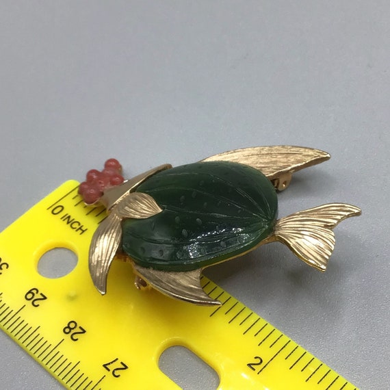 Puffy Fish Brooch Green Semi Precious Stone Gold … - image 7