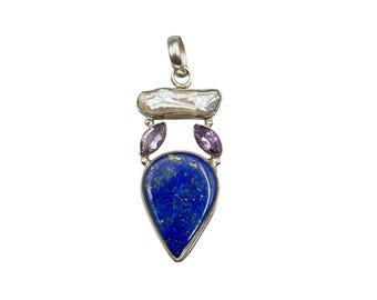 Teardrop Gemstone Pendant Lapis Lazuli Amethyst & Pearl Sterling Silver 925