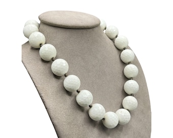 White Glass Beads Necklace Oversized Beads Unusual Signed Sterling Silver Clasp