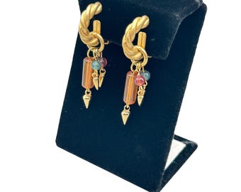 Clip On Earrings With Removable Jackets Dangles Matte Gold Tone Vintage Colorful Charms