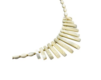 Vintage Mother of Pearl White Necklace Graduated Fringe Bib Beads 16" Long