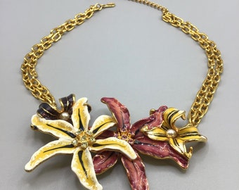 KJL Lilies Necklace Enamel Over Gold Tone Gorg Statement Kenneth Jay Lane Signed