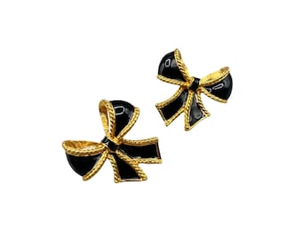 Vintage KJL For Avon Black Enamel Bows Gold Tone Stud Earrings Classic Elegant Design