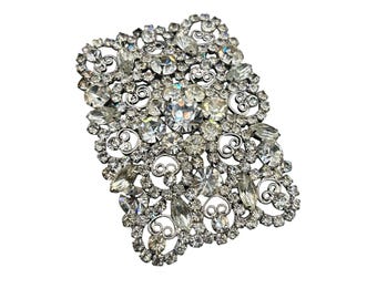 Oversized Rhinestones Belt Buckle Silver Tone Vintage Fancy All Clear Prong Set