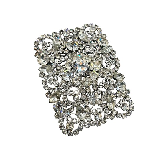 Vintage Signed Clear Rhinestone Silvertone Oversized Buckle Belt Vintage Silver Tone Large Round Clear Rhinestone Belt Buckle  main image 3