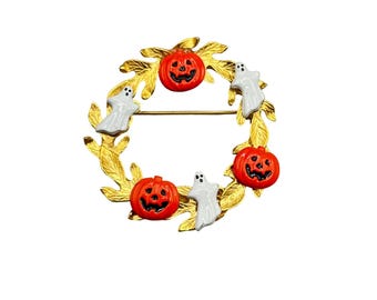 Halloween Pumpkin & Ghost Wreath Brooch Pin Gold Tone Holiday Jewelry