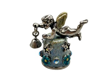 KIRKS FOLLY Collectible Thimble Small Angel With Bell Enameled Jeweled Miniature Thimble