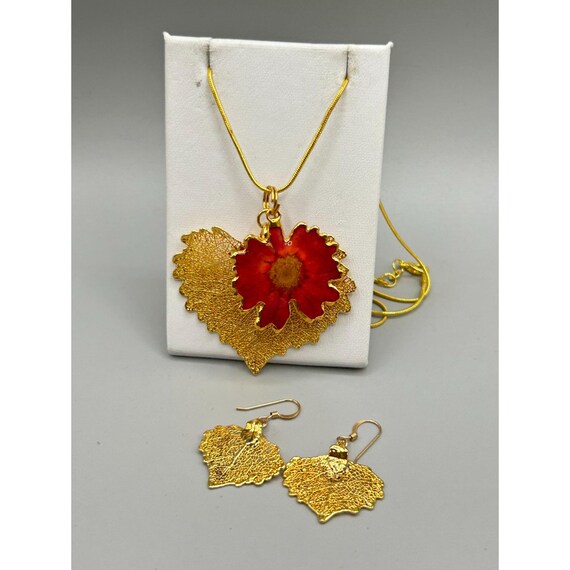 Gold Plated Dipped Leaf Necklace & Earrings Set W… - image 6