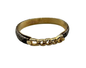 Vintage Gray Snakeskin Bracelet 1980s 1990s Gold Tone Chain Hinged Bracelet