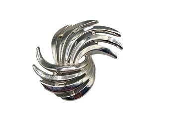 Signed Trifari Shiny Silver Tone Pin Brooch Abstract Design Collectible Jewelry