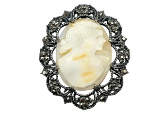 WEISS Carved Cameo Pin Brooch Pendant Silver Tone Marcasite Style Rhinestones