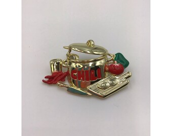 Danecraft Chili Pot Cooking Chef Brooch Onion Peppers Spicy Food Figural Signed