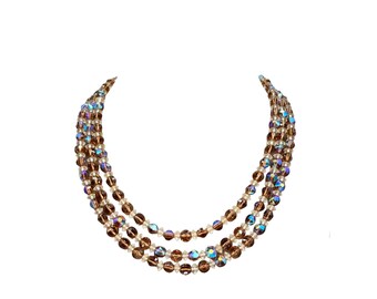 Vintage Triple Strand Crystal Necklace Rhinestones Clasp Topaz Color Aurora
