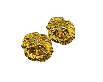 Vintage Gold Tone Lion Head Clip On Earrings 80s 90s Jewelry