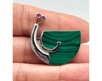 Snail Brooch 10K White Gold Ruby Eyes & Malachite Snail Shell Figural Animal Pin