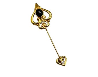 Vintage Stick Pin Lapel Pin Gold Tone Black Cabochon & Rhinestone Heart Crown