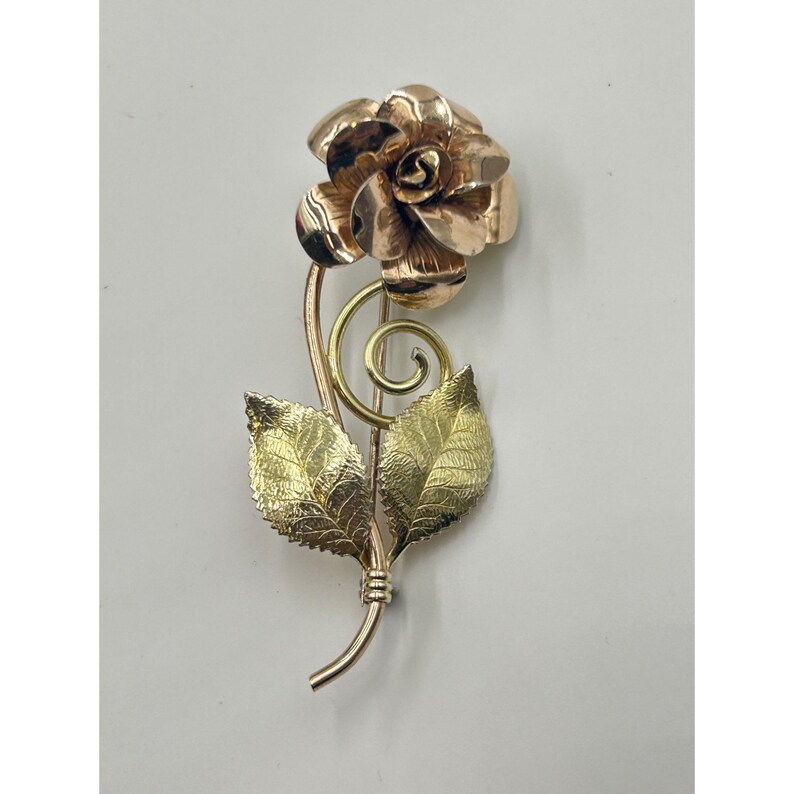 Vintage Signed DIANA Krementz Rose Flower Pin Brooch with Stem Gold Rolled Pin image 2