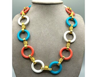 Colorful Necklace Turquoise Coral Color Disks Gold Tone Links Vintage Necklace